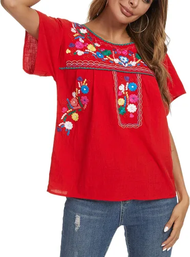 Vista 2 de YZXDORWJ - Cómoda blusa mexicana bordada de verano y sin mangas para mujer