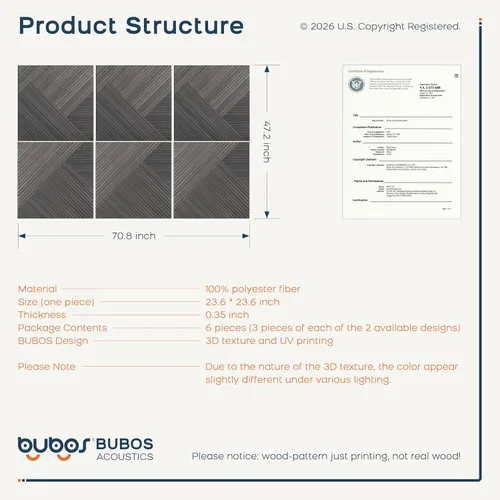Vista 3 de BUBOS Paquete de 6 paneles de pared de madera acústica, paneles absorbentes de sonido de 23.6 x 23.6 pulgadas con respaldo adhesivo completo