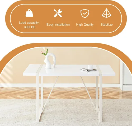 Vista 7 de Mesa de comedor rectangular industrial estilo crema para 4 6 personas con parte superior de 1.5 pulgadas de grosor y patas de metal blanco e