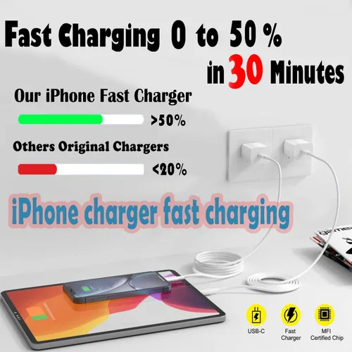 Vista 2 de Cargador rápido para iPhone, cable de carga de teléfono, paquete de 3 cargadores de iPhone de carga rápida de 6 pies, adaptador de carga USB C de 6