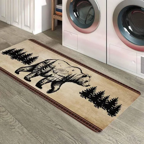 Vista 6 de Tapete de cocina, 1 unidad, diseño vintage de pino y oso, antifatiga, cómodo, de espuma viscoelástica, antideslizante, para puerta de baño