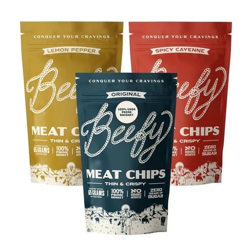 Vista 19 de BEEFY Meat Chips - Mostaza Miel - 2.5oz. 100% Prime Brisket. 13g de proteína por onza.