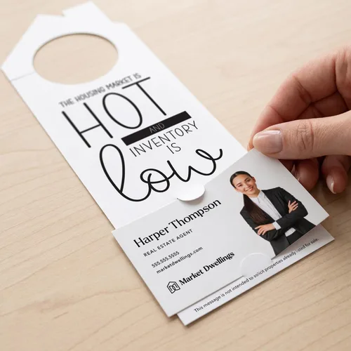 Vista 3 de Real Estate Door Hangers for Agents, The Housing Market Is Hot and Inventory Is Low, 50 Pack with Business Card Slot, 100lb Cardstock, White, Market