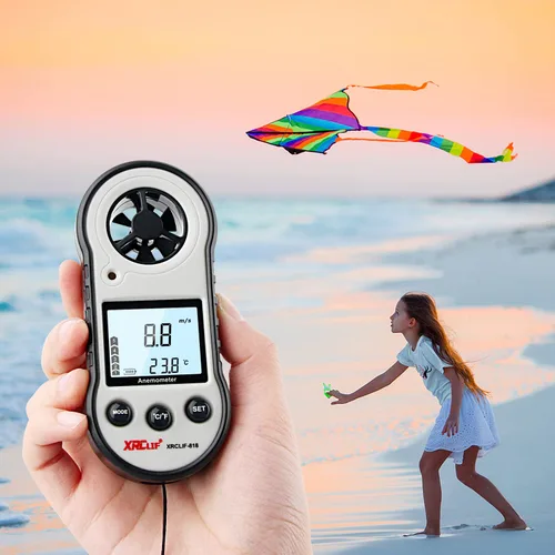Vista 7 de Anemómetro digital de velocidad y temperatura del viento, medidor de viento de mano para disparar, windsurf, caza, color gris