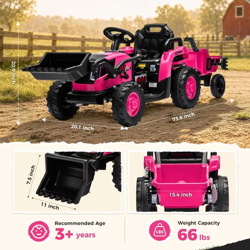 Vista 6 de Tractor de paseo 4 en 1 de 24 V con cargador frontal desmontable Rosa Blaze