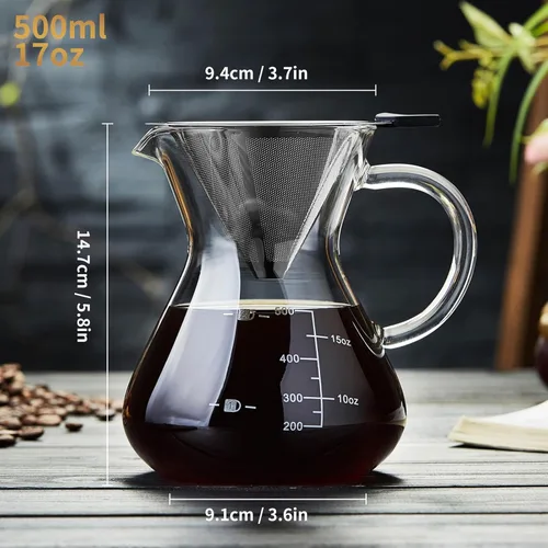 Vista 7 de Unbreakable - Cafetera con doble filtro inoxidable de 17 onzas, grueso resistente al calor, gotero de vidrio de borosilicato para verter sobre