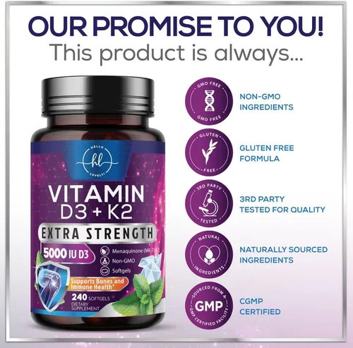 Vista 4 de Vitamina D con K2 (MK-7) – Vitamina D3 5000IU (125 mcg) por porción – Suplemento complejo D3K2 para huesos, dientes, músculos, absorción de calcio