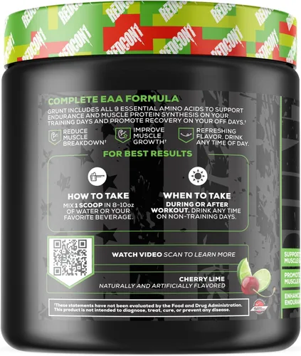 Vista 3 de REDCON1 Grunt EAAs, Cherry Lime, aminoácidos esenciales aptos para dieta cetogénica, sin azúcar, polvo para después del entrenamiento que contiene 9