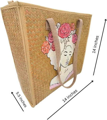 Vista 2 de Women's Handknitting Sea Grass Tote BagGirl Flower head Summer Tote BagHand Painted Acrylic color on seagrass Handcrafted Bag