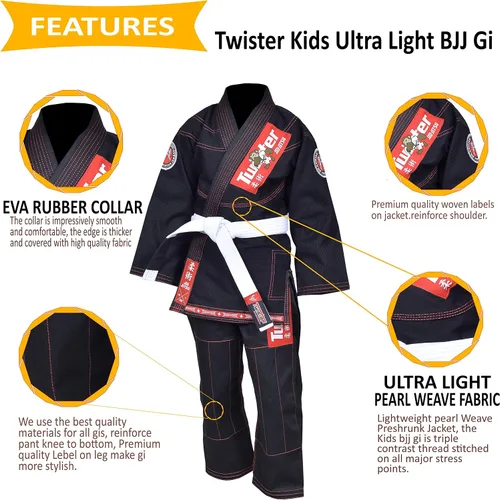 Vista 6 de Twister Kids Jiu Jitsu Gi Ultra Light Fabric Youth BJJ Gi with free White Belt Included