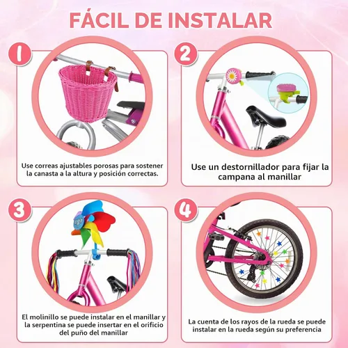 Vista 6 de Cesta de Bicicleta para Niños, Cesta de Bicicleta Desmontable para Niñas con Coloridas Serpentinas de Bicicleta, Campana de Bicicleta, Molinillo