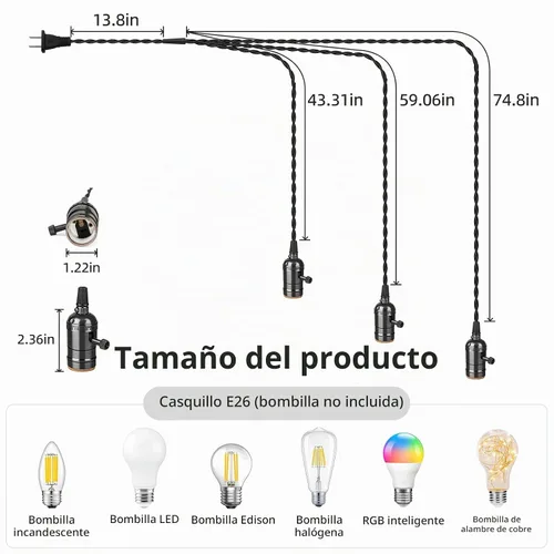 Vista 6 de Kit de luz colgante vintage enchufable con portalámparas colgantes E26/E27 de 1 a 3, luz colgante industrial con interruptores rotativos Negro
