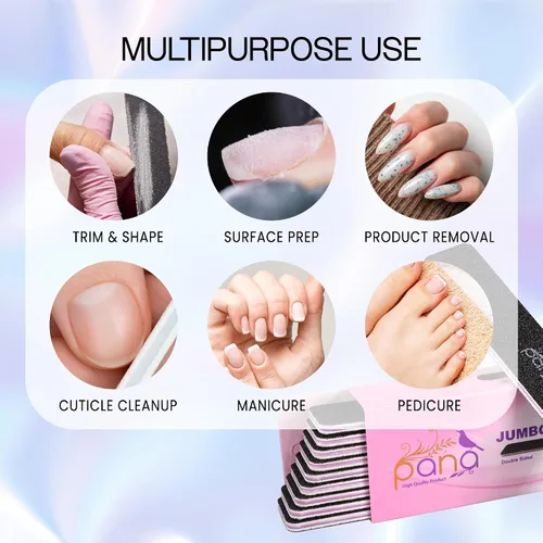 Vista 7 de PANA Lima de uñas Emery Jumbo de doble cara para manicura, pedicura, uñas naturales y acrílicas, color negro (grano 100/180), paquete de 50