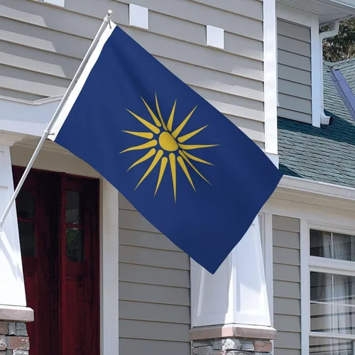 Vista 7 de Bandera de Macedonia griega de doble cara de poliéster de 3 x 5 pies, azul, blanco, amarillo, resistente a los rayos UV, resistente a