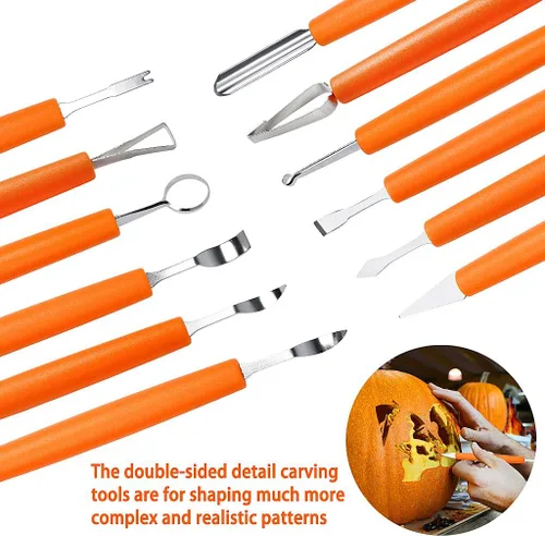 Vista 4 de Kit profesional de tallado de calabaza, 11 piezas de herramientas de tallado de acero inoxidable resistentes para Halloween con estuche de Naranja