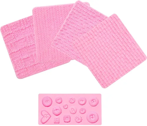 Vista 9 de Fondant - Moldes de silicona para chocolate, para tejer con botón (5 unidades), diseño de suéter con textura de impresión de punto para baby shower