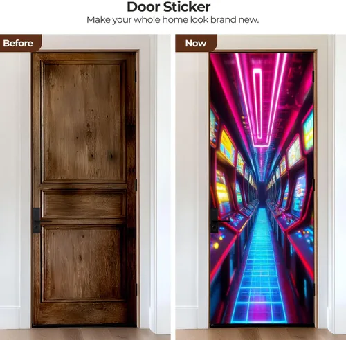 Vista 2 de Calcomanías para puerta, murales 3D, neón, retro, arcade, 80, máquinas de arcade, luces de neón, diseño retro, murales, papel tapiz autoadhesivo