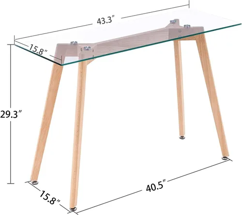 Vista 3 de ivinta TAM-WT - Escritorio de oficina de vidrio, escritorio rectangular de computadora de 43 pulgadas con patas de madera maciza, mesa de comedor