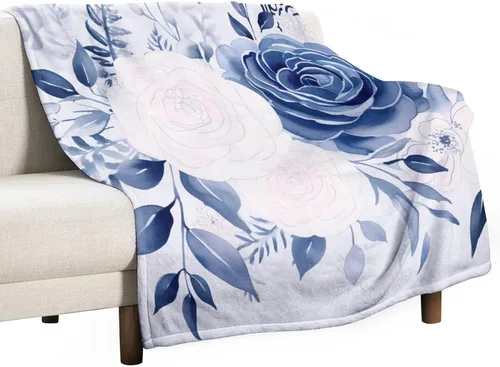 Vista 48 de Manta de flores de acuarela azul marino, bohemias, manta de acuarela floral con coronas de rosas y hojas de peonías, lujosa, cálida y acogedora