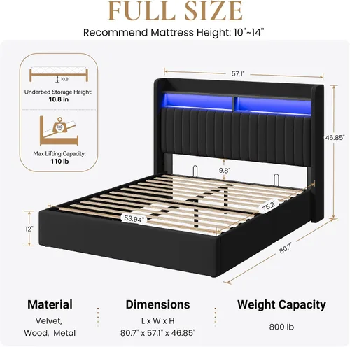 Vista 2 de SHA CERLIN - Estructura de cama de tamaño matrimonial con almacenamiento elevado/Luces LED/Estación de carga/Cabecero con estantes de 2 niveles/USB