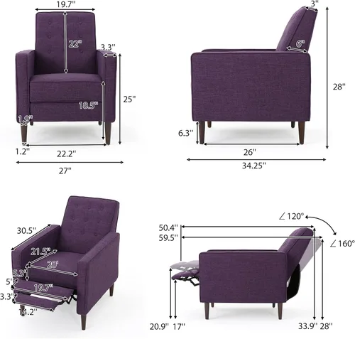 Vista 13 de GDFStudio Macedonia - Sillón reclinable de tela con respaldo copetudo, moderno Pizarra / Espresso oscuro