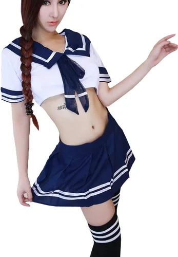 Vista 2 de Unibaby Conjunto de lencería para niñas de cosplay, colegial, minifalda, disfraz de marinero con medias