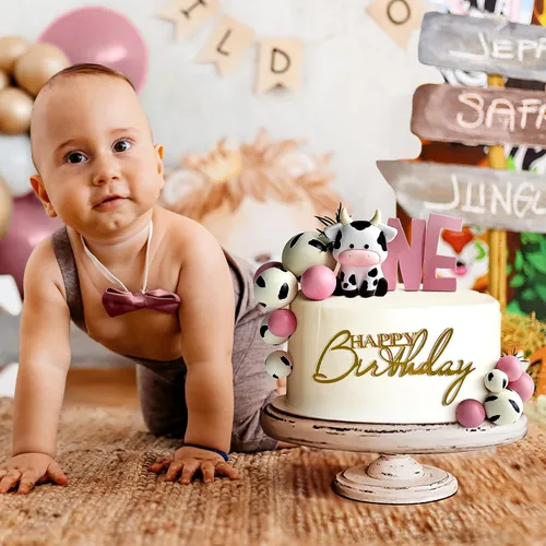 Vista 5 de Decoración de pastel de vaca, 14 bolas de vaca para decoración de pasteles Decoración acrílica dorada para tartas de cumpleaños con temática
