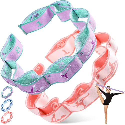Vista 9 de Correa de estiramiento para niños, banda elástica de gimnasia para estiramiento de ballet y danza con 8 bucles, correa de resistencia ajustable