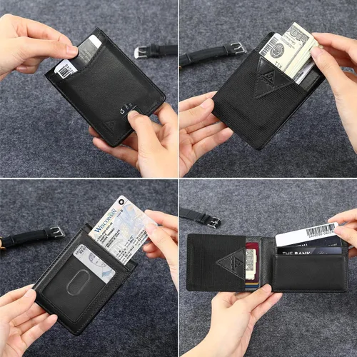 Vista 3 de Tryangoos Cartera delgada minimalista de cuero genuino con bloqueo RFID para hombres, bolsillo frontal con cierre magnético, bolsillo frontal