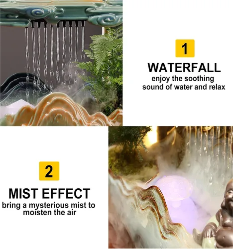 Vista 4 de Fuente interior de mesa con grúa, fuente de cascada, quemador de incienso, decoración de Feng Shui para buena suerte, fuente de cerámica con luz