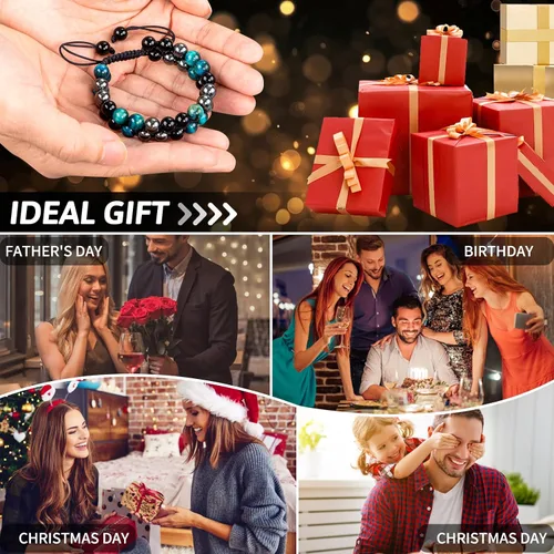 Vista 6 de MIDON - Pulsera de ojo de tigre, pulsera de triple protección para hombres y mujeres, hecha a mano, cuentas de ojo de tigre, hematita y obsidiana