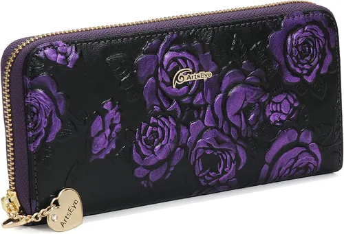 Vista 5 de ArtsEye Rose - Cartera de piel auténtica con cremallera larga