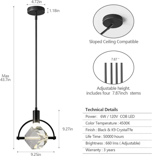 Vista 5 de Lámpara colgante de techo para isla de cocina, moderna mini luz colgante LED integrada, lámpara colgante de cristal en negro, dormitorio, comedor