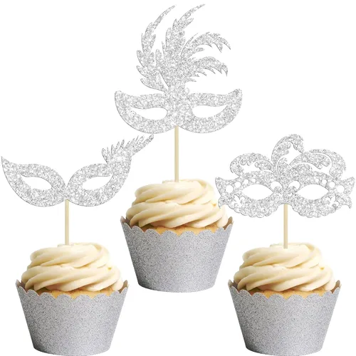Vista 8 de Gyufise 24 máscaras de mascarada para cupcakes con purpurina para despedida de soltera, para cupcakes, comida y frutas, baile de máscaras, Mardi