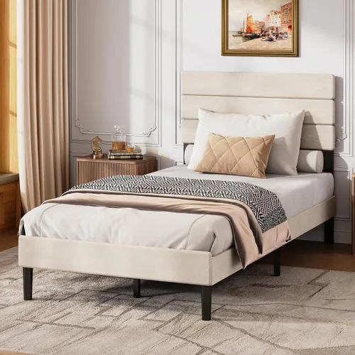 Vista 4 de WLIVE Base de cama tapizada, marcos de cama individual con cabecero, cama de plataforma con listones de madera, base de colchón de 600 libras,