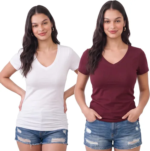 Vista 85 de Emmalise Camiseta de manga corta para mujer, cuello en V, tallas junior y plus