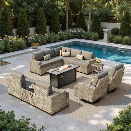 Vista 26 de HOOOWOOO Juego de muebles seccionales de patio con mesa de luz solar, 6 piezas de mimbre para exteriores, sofá en forma de L, juego de conversación