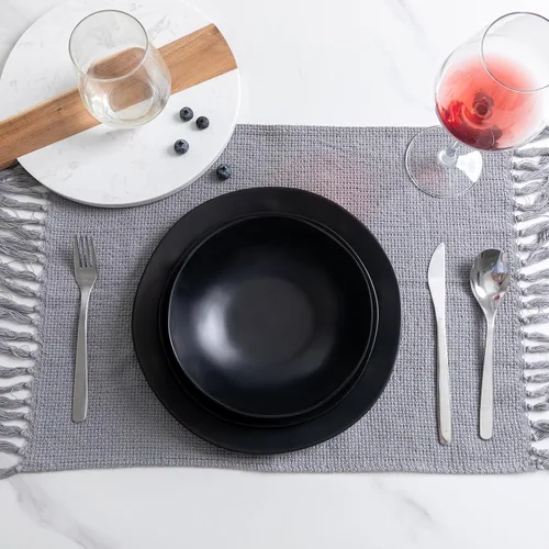 Vista 3 de Juego de platos y cuencos de melamina negra, juegos de vajilla de melamina de 12 piezas para uso en interiores y exteriores, juego de platos ligeros