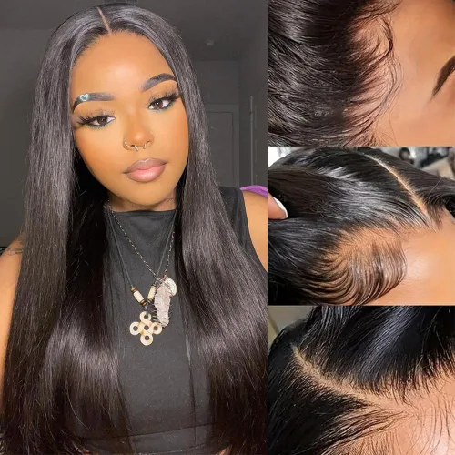 Vista 12 de SOPSFR Pelucas de cabello humano con encaje frontal de 13 x 6, densidad 200, pelucas de cabello humano lacio marrón chocolate con bebé alrededor