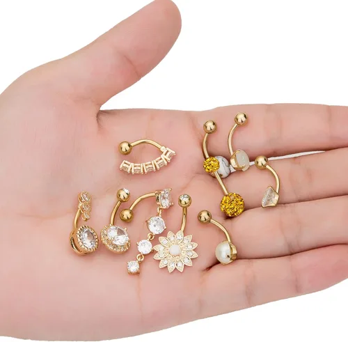 Vista 7 de REVOLIA 10 anillos de ombligo de acero inoxidable de 14 G para mujeres y niñas, anillos de ombligo invertido, circonita cúbica, piedra de mármol