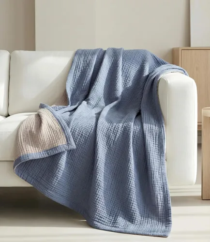 Vista 2 de Manta de gasa de algodón puro suave de 4 capas de 50 x 60 pulgadas, prelavada, sin flecos, manta de muselina ligera para uso multiusos y regalo Azul