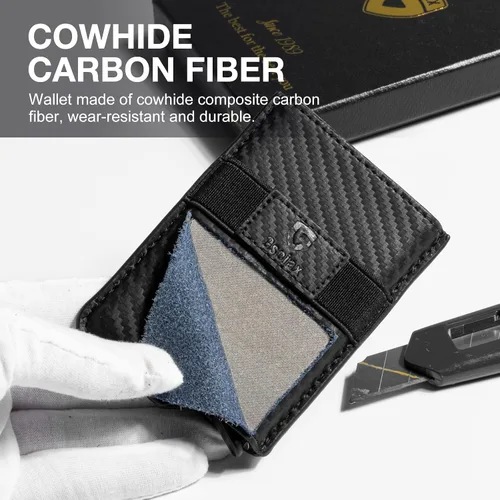 Vista 6 de GSOIAX Cartera delgada para hombre, con bloqueo RFID, carteras plegables para hombres, minimalista, de cuero auténtico, fibra de carbono, clip