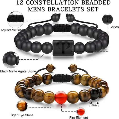 Vista 3 de Pulseras del zodiaco para hombres y mujeres, hechas a mano, ojo de tigre natural de 0.315in y piedra de ágata mate para hombre, pulseras