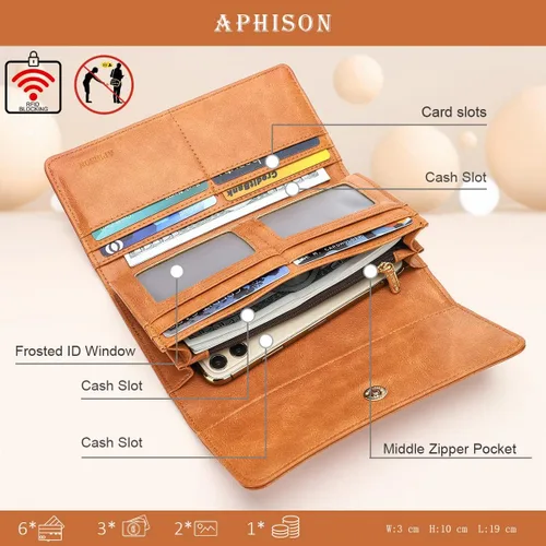 Vista 3 de Aphison - Cartera larga de cuero suave RFID para mujer con caja de regalo