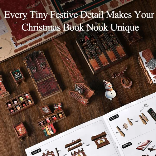 Vista 6 de Kit de rincón de libro de Navidad, casa de muñecas en miniatura 3D, rompecabezas de madera con caja de música, luz LED, regalos de Navidad