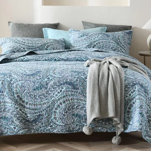 Vista 2 de ENASAL Juegos de Colchas de Algodón, Juegos de Cubrecamas Reversibles Edredón, Colcha Floral Paisley (Azul, Tamaño Queen)