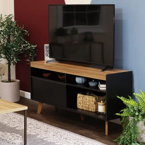 Vista 5 de Sunnydaze Soporte de TV moderno Mid-Century para TV de 58 pulgadas, soporte de entretenimiento para sala de estar, estudio o habitación familiar