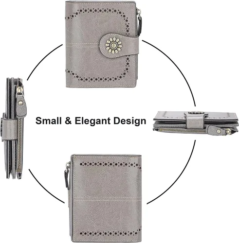 Vista 3 de Lavemi Cartera de cuero para mujer, pequeña, compacta, con bloqueo RFID, con bolsillo con cremallera