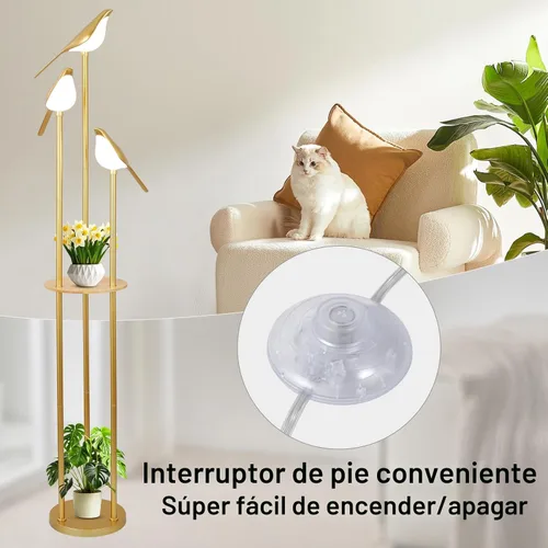 Vista 5 de Lámparas de pie doradas para sala de estar, lámpara de pie moderna con estantes, lámpara de pie de mediados de siglo con 3 luces LED de pájaro