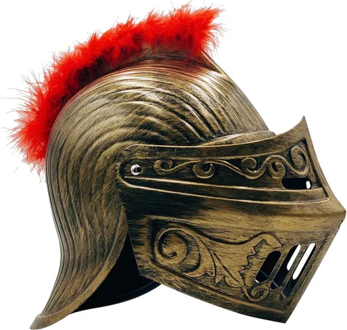 Vista 3 de LOOYAR Casco medieval de caballero soldado soldado con sombrero con pluma roja y máscara facial plegable para juego de batalla, Halloween, cosplay